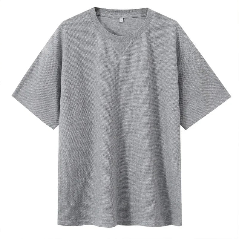 2026 New Men's Summer T Shirt 220g Waffle Round Neck T-shirt Solid Color Loose Simple Short Sleeve Top T Shirts