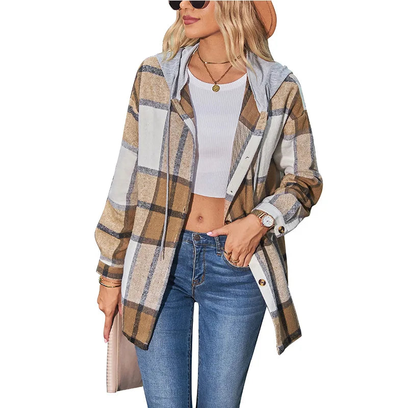 Women Hooded Plaid Wool Coat Blouse Top Spring Summer Fashion Outerwear