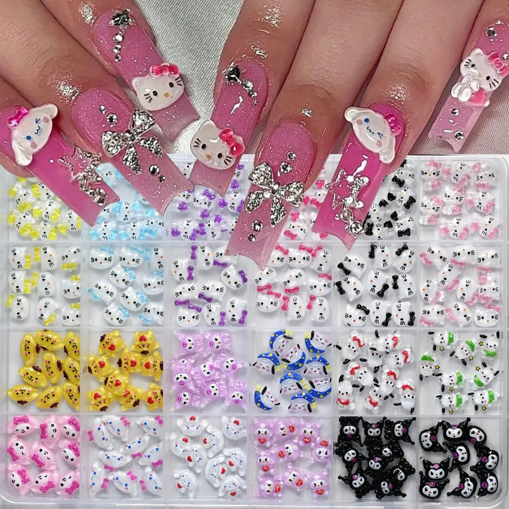 120PCS Box Mixed Hello Kitty 3D Nail Charms Cute Cartoon Resin Ornaments Kawaii DIY Nail Art Manicure Decor Accessories