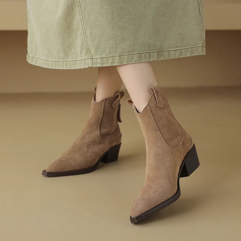 2025 Autumn Winter Trend Cow Suede Women Western Boots Black Brown Khaki Purple Green Burgundy Pointed Toe Ladies Ankle Boots
