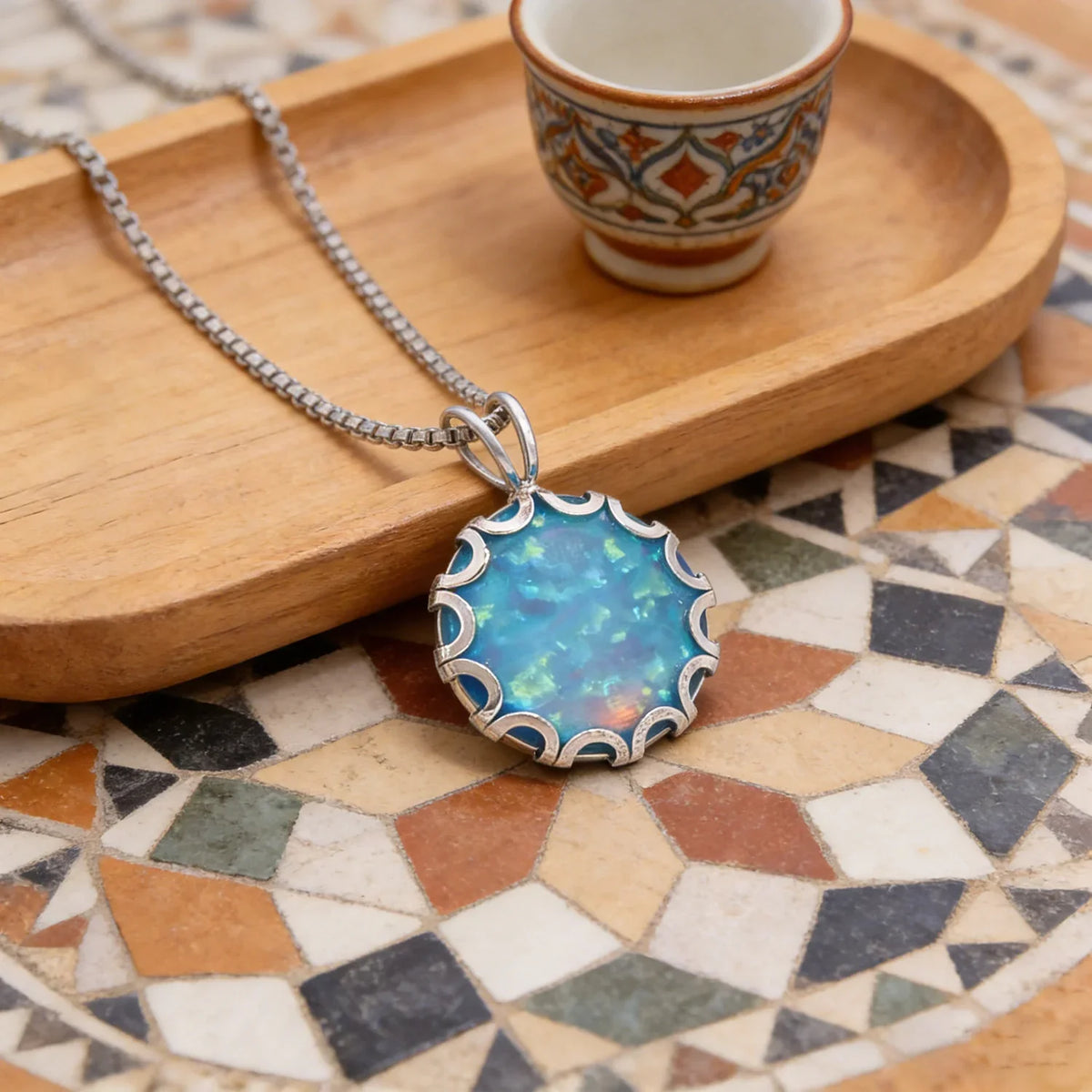 Wave Frame Opal Pendant Necklace,Round Blue Green Opal with Red Fire,White K Plated Floral Jewelry,Dainty Charms Gift for Women