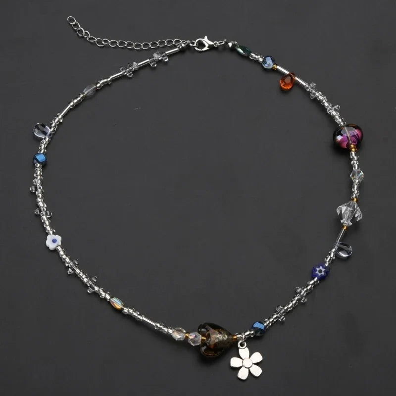 Acrylic Flower Pendant Necklace Crystal Class Gravel Beaded Necklace For Women Cool Y2K Choker Jewelry Exquisite Choker