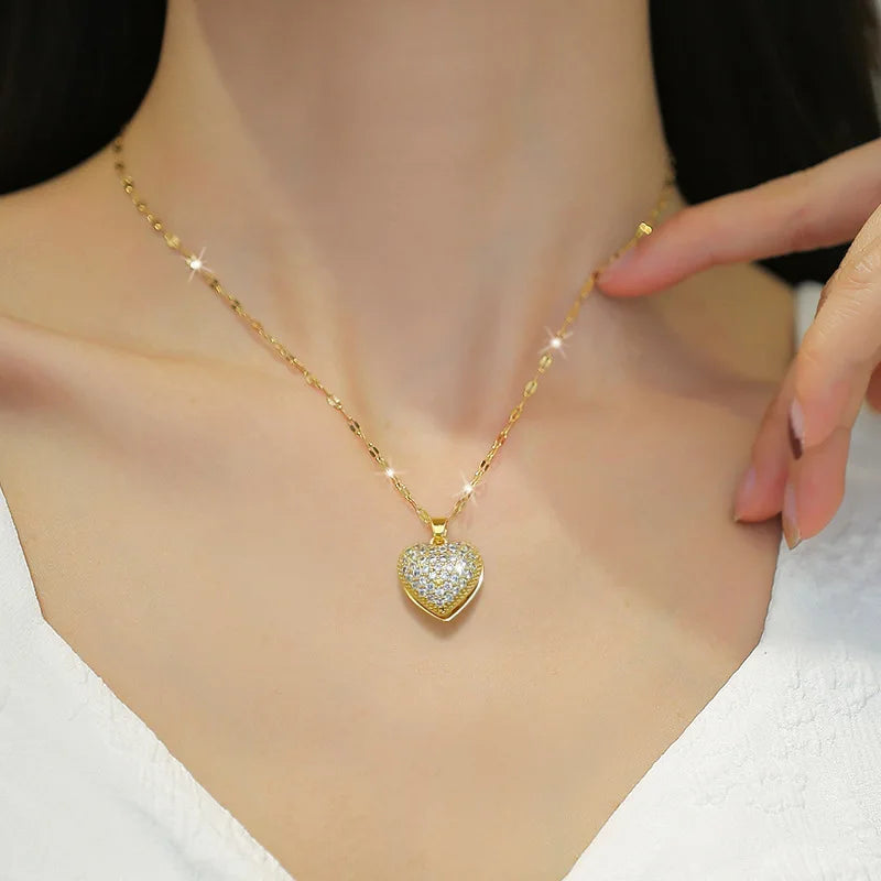 ZAKOL Korean Light Luxury Shell Pearl Necklace For Women Micro Inlaid Zircon Love Heart Moon Choker Wedding Jewelry