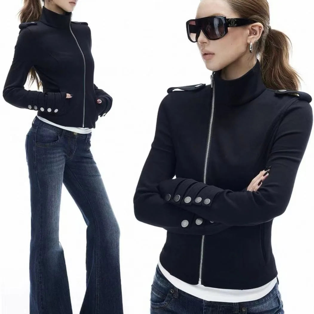 Vintage Cropped Jackets Women Harajuku Casual Slim Fit Zipper Coat Y2K Streetwear Long Sleeve Outerwear Autumn New Arrival