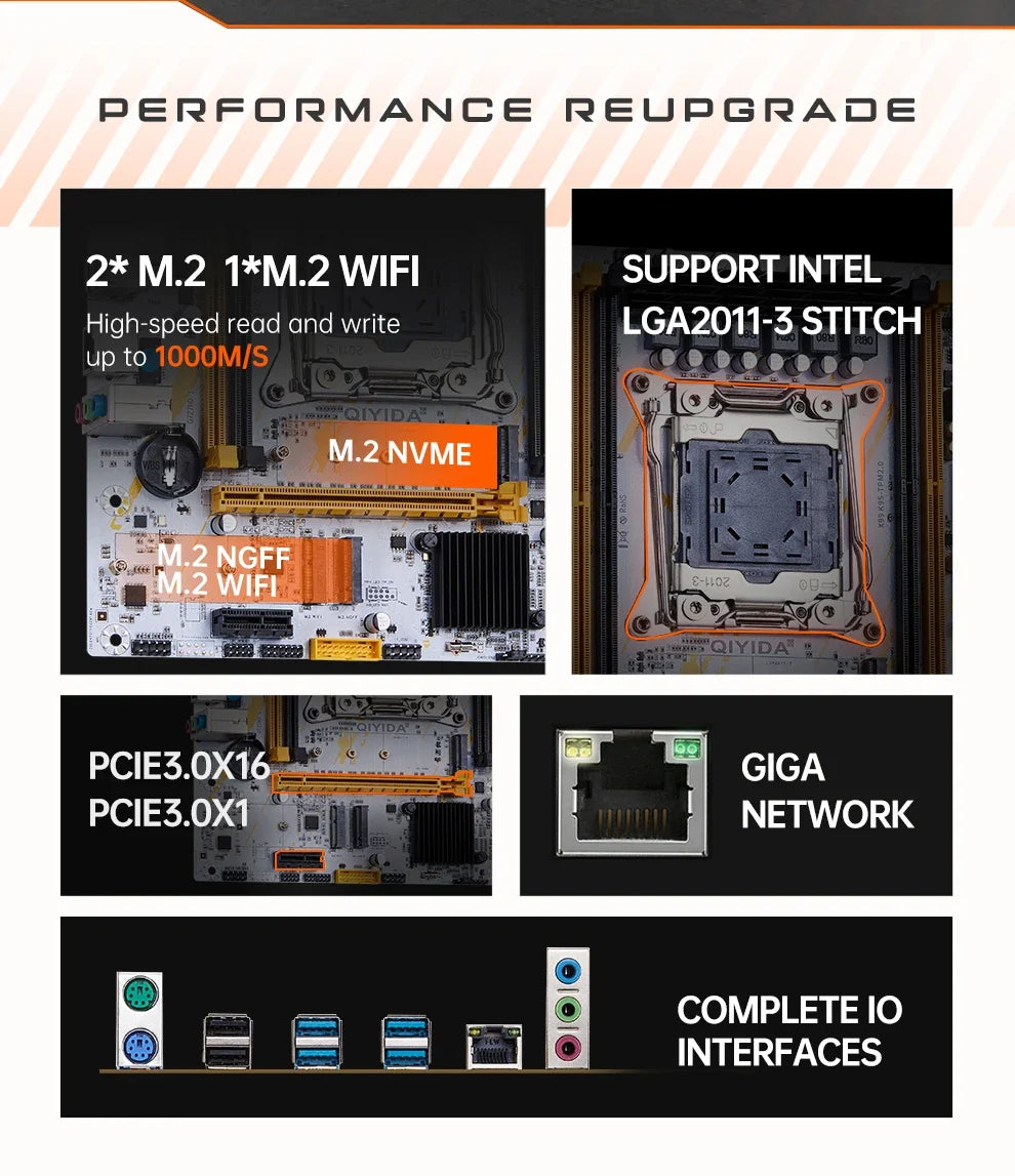 QIYIDA X99 Motherboard LGA2011-3 Slot SATA3.0 USB3.0 NVME M.2 NGFF WIFI Support DDR4 Memory and Xeon E5 V3 V4 Processor TPM14PIN