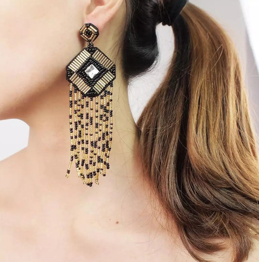 Black and Gold Tassel Drop Earrings