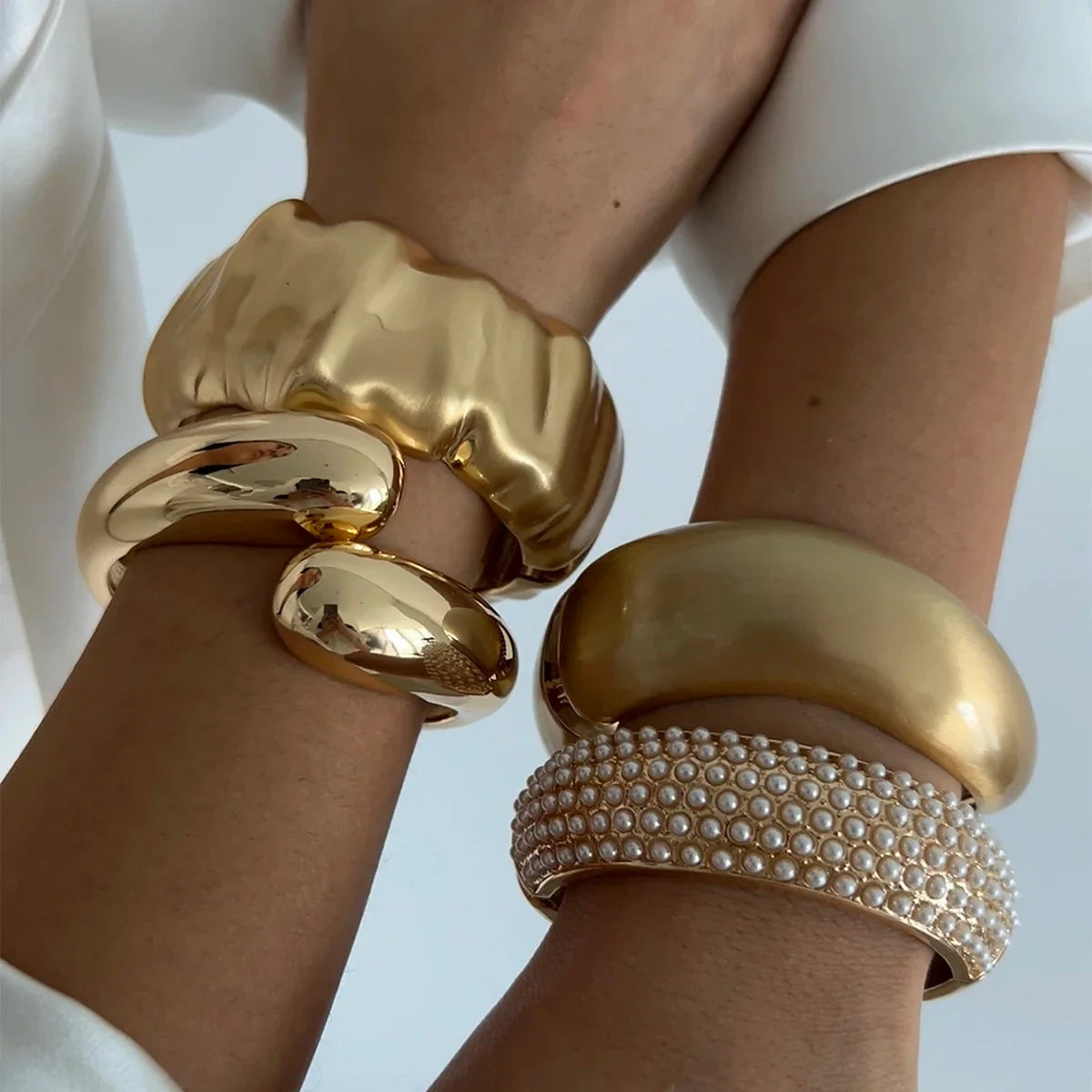 SHIXIN Design Geometric Water Drop Gold Color Wide Spring Bangles for Women Elegant Imitation Pearl Cuff Bracelets New Jewelry