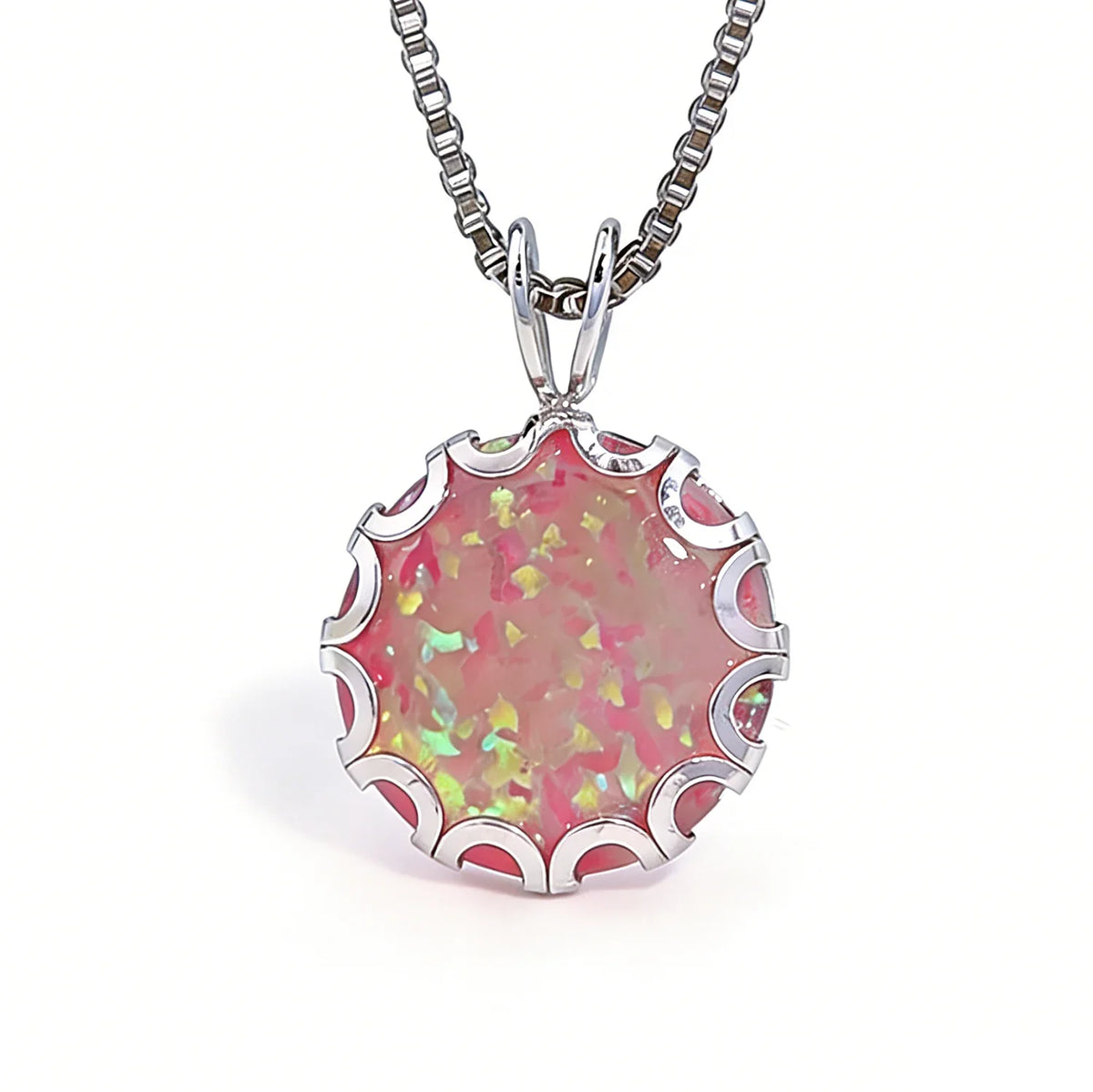 Wave Frame Opal Pendant Necklace,Round Blue Green Opal with Red Fire,White K Plated Floral Jewelry,Dainty Charms Gift for Women