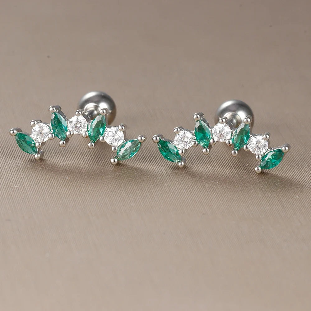 2PC Stainless Steel Little Stud Earring for Women Tiny Green Crystal Zirconia Cartilage Helix Tragus Piercing Earrings Jewelry