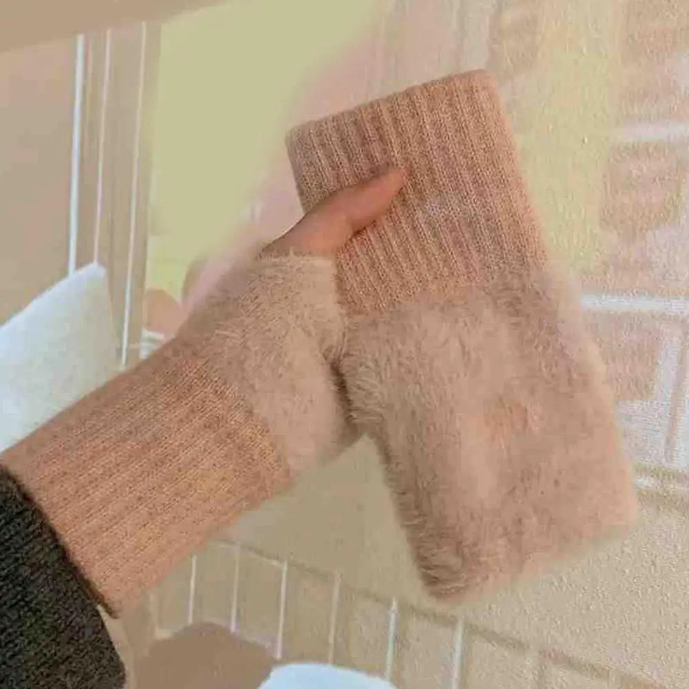 Half-finger Plush Winter Gloves Touch Screen Cold-proof  Warm Fingerless Knitted Wrist Guard Student Office Writing Work Outdoor