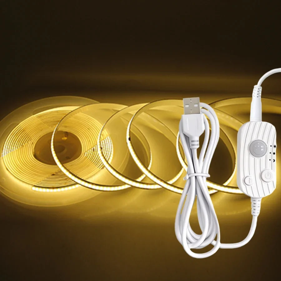 PIR Induction Dimmable 5V USB Adjustable COB Light Strip Motion Sensor Night Light Bathroom, Bedroom, Bed TV Lighting Decoration