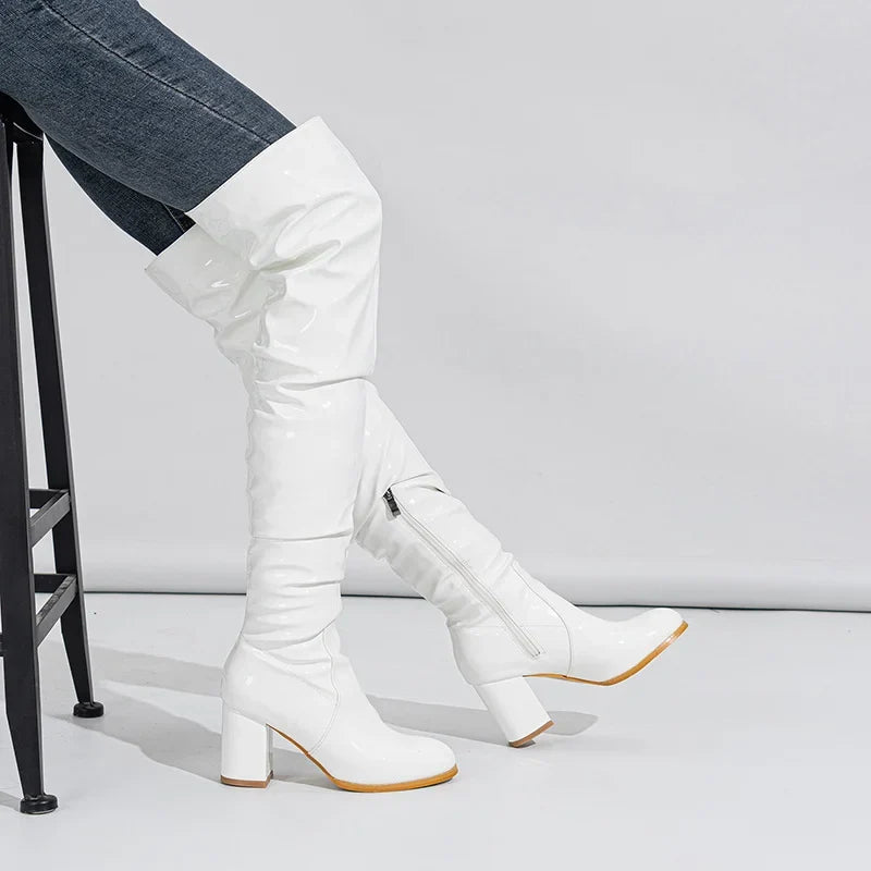 Hlieny 2026 Winter New Thigh High Boots Fashion Patent Leather Round Toe Zip Female Square Heels Pleated Design Women's Shoes