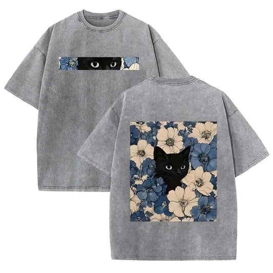 Vintage Washed Black Cat Floral T Shirt Double Sided Print Streetwear Casual Tee