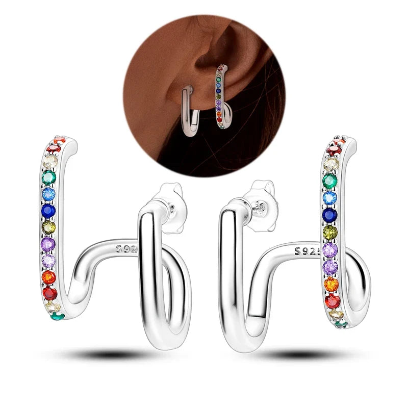 Genuine 925 Sterling Silver Love Feather Earrings Fit Original Charms Hoop For Women Girls Stud Earring Fine Jewelry Gifts