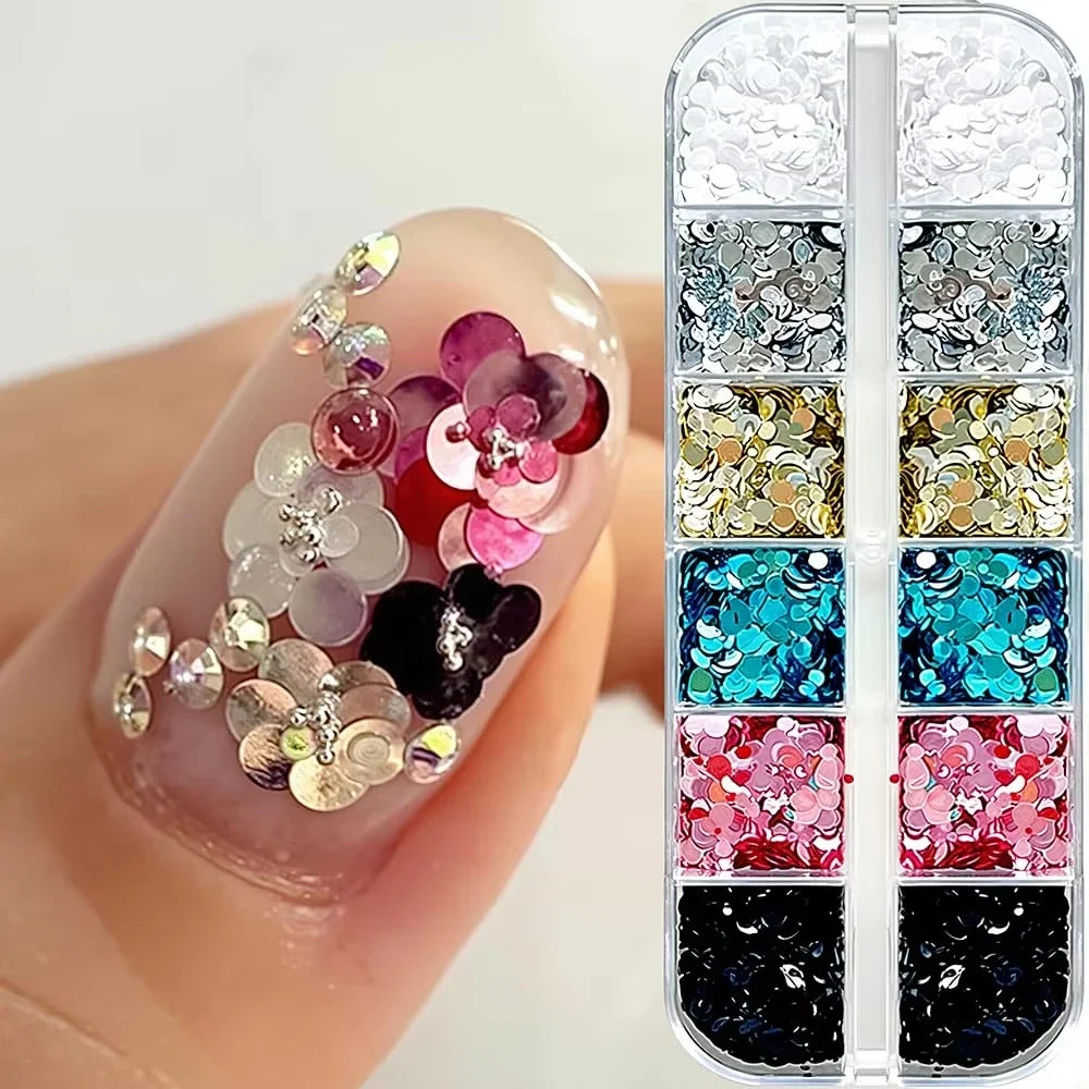 3D Spliced Flower Polka Dot Nail Art Sequins 12 Grids Retro 1-3mm Round Nail Glitter Sparkling Flakes Nail Charms Manicure Decro
