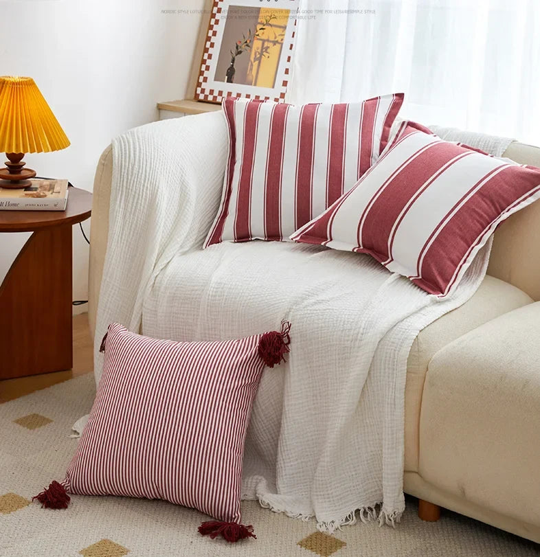 Classical Striped Cushion Cover 45x45cm Hawthorn Red Ivory Recycle Polyester Fabric Pillow Cover Indoor Outdoor Home Decoration