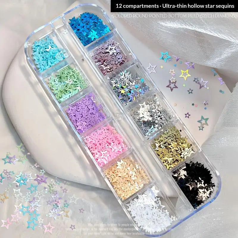 *12 Grids Mixed Mini Circular Colorful Nail Glitter Wave Point Sequin Sparkling Flower DIY Nail Decoration Nail Charms
