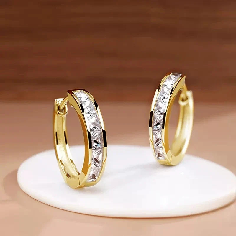 Huitan Hoop Earrings with Princess Cubic Zirconia Exquisite Ear Circle Earrings for Women Silver Color Fashion Versatile Jewelry