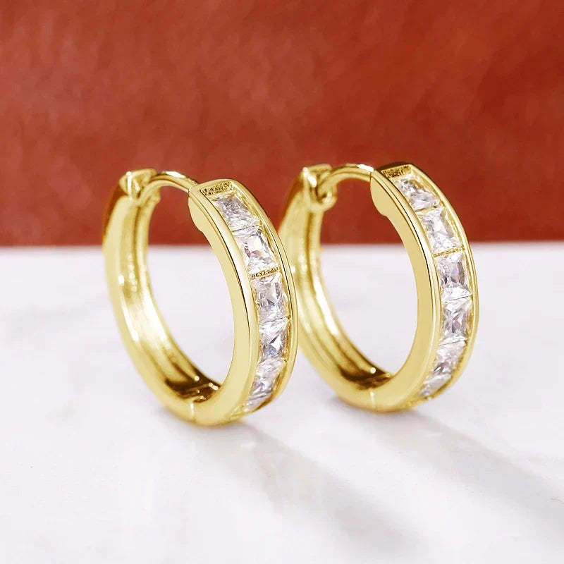 Huitan Hoop Earrings with Princess Cubic Zirconia Exquisite Ear Circle Earrings for Women Silver Color Fashion Versatile Jewelry