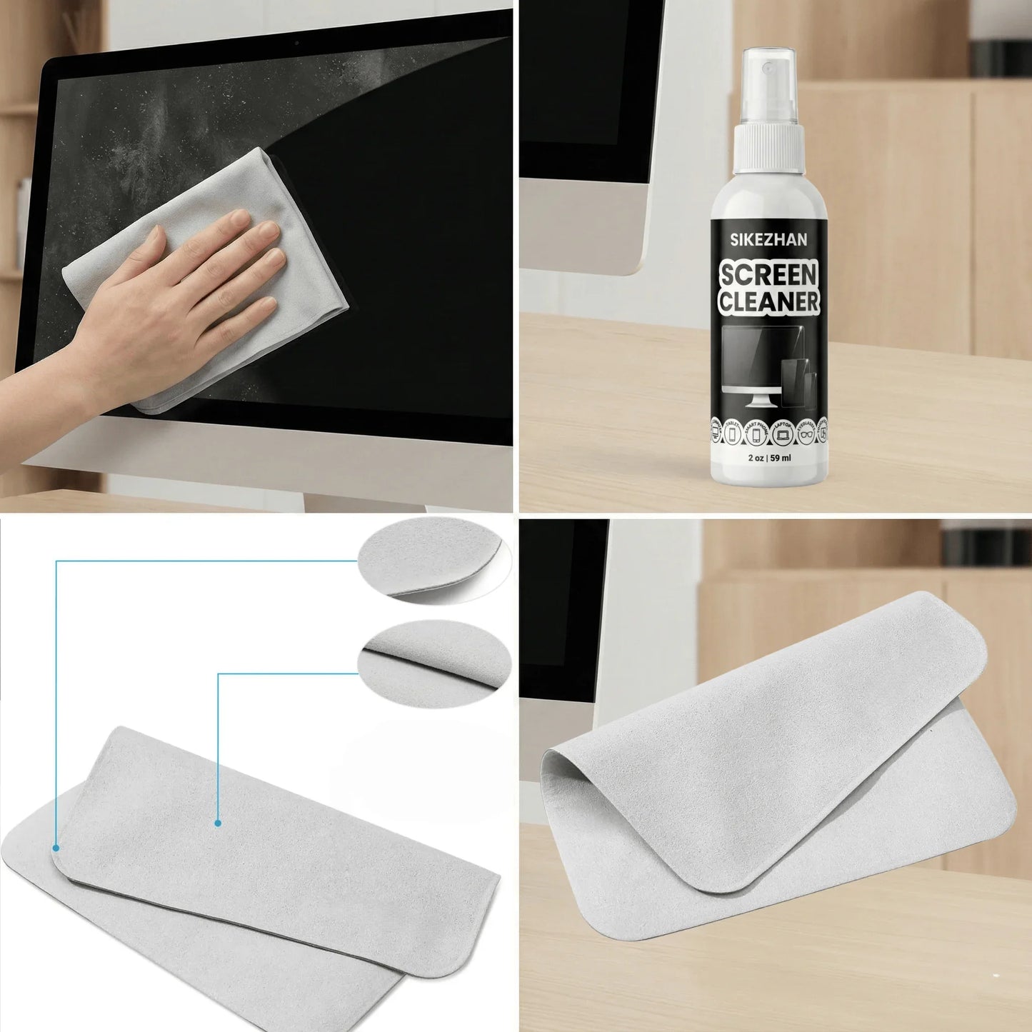 SIKEZHAN Screen Cleaner Kit with Polishing Cloth - Streak-Free Spray for MacBook, iPad, iPhone, Laptop, Monitor & TV (2oz)
