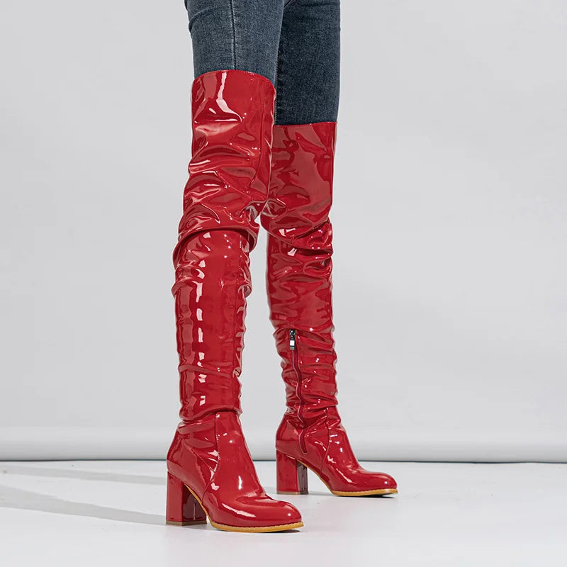 Hlieny 2026 Winter New Thigh High Boots Fashion Patent Leather Round Toe Zip Female Square Heels Pleated Design Women's Shoes
