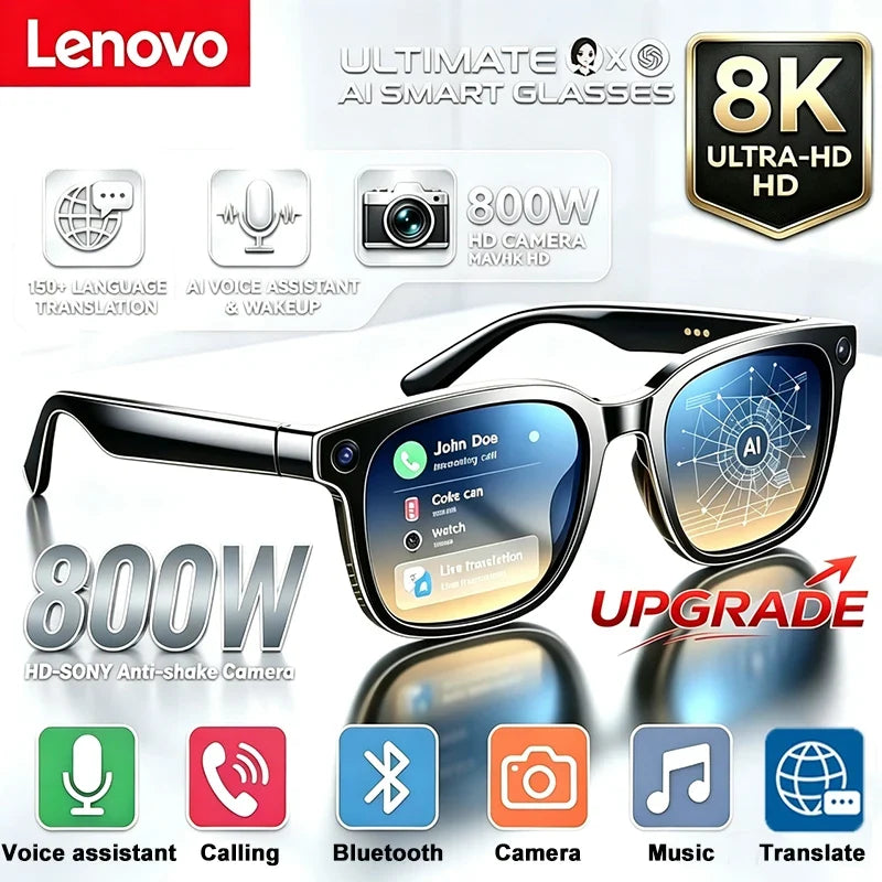 Lenovo Upgrade Smart AI Glasses 800W HD 8K Shooting Camera Photo Video Voice Call Translation Bluetooth AI Motorcycle Glasses