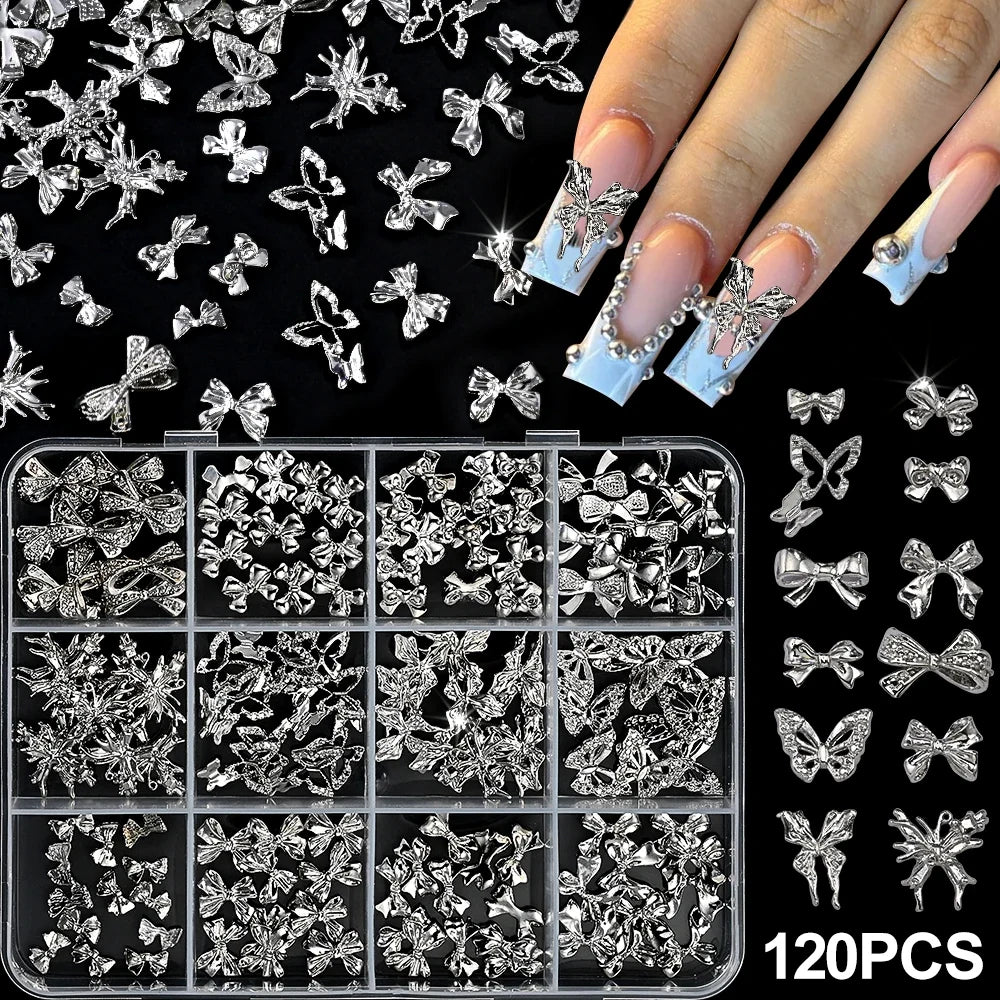 120Pcs/Box 3D Silver Exquisite Bowknot Nail Charms Simple Alloy Ribbon Bowtie Nail Art Decorations DIY Luxury Manicure Accessory