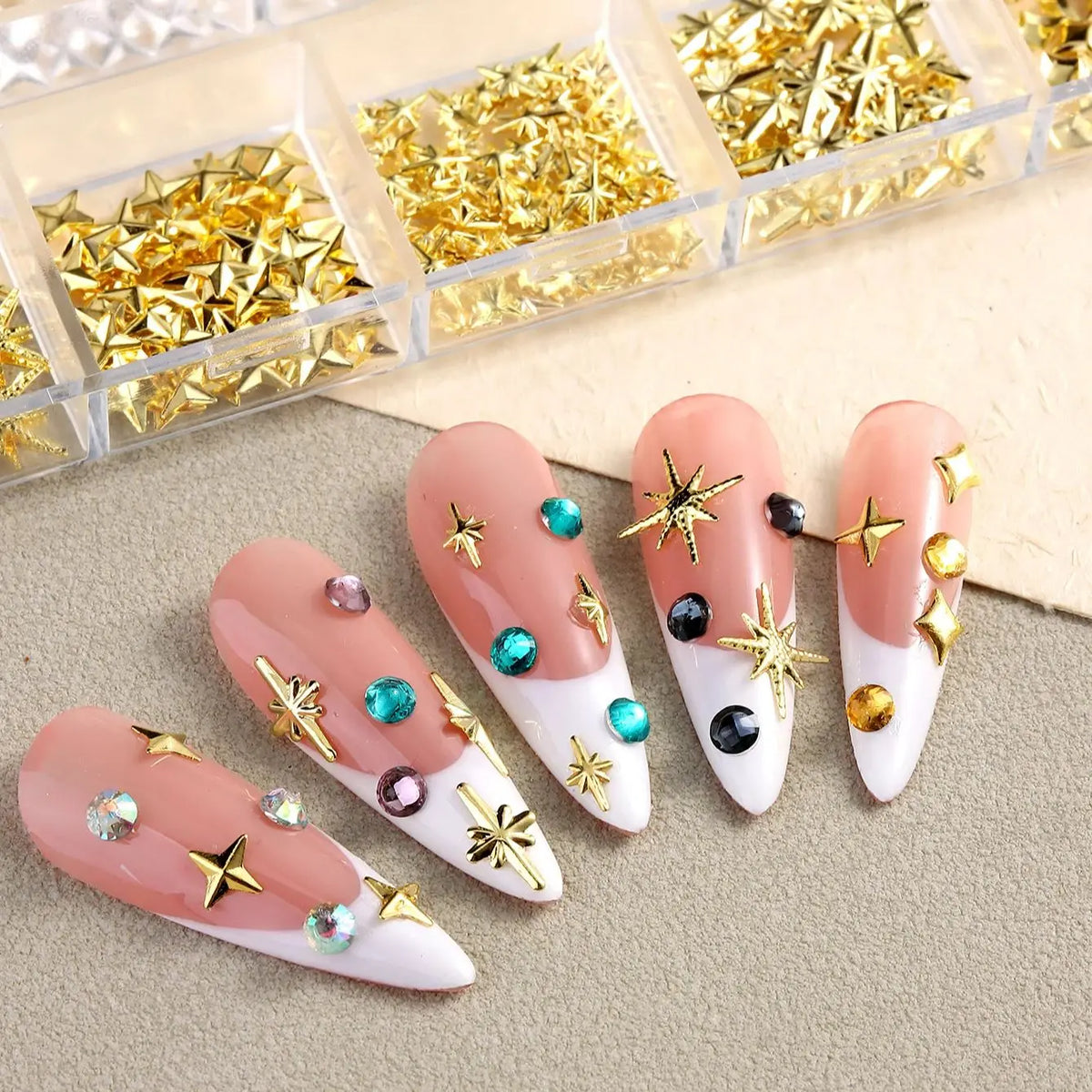 6/12Grids Gold Star Moon Metallic Rivet 3D Nail Charms Alloy Sun Moon Starlight Rhinestones Nail Studs For Nail Art Decoration