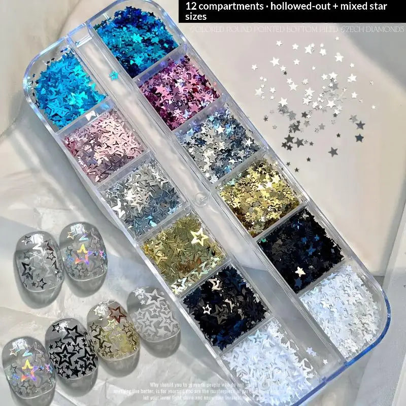 *12 Grids Mixed Mini Circular Colorful Nail Glitter Wave Point Sequin Sparkling Flower DIY Nail Decoration Nail Charms