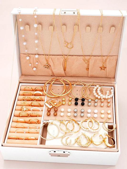 86pcs/Set Elegant Pearl Earrings Multi-Layered Necklace Ear Studs Rings 4-In-1 Jewelry Set For Women Daily Wear Gift (No Box)