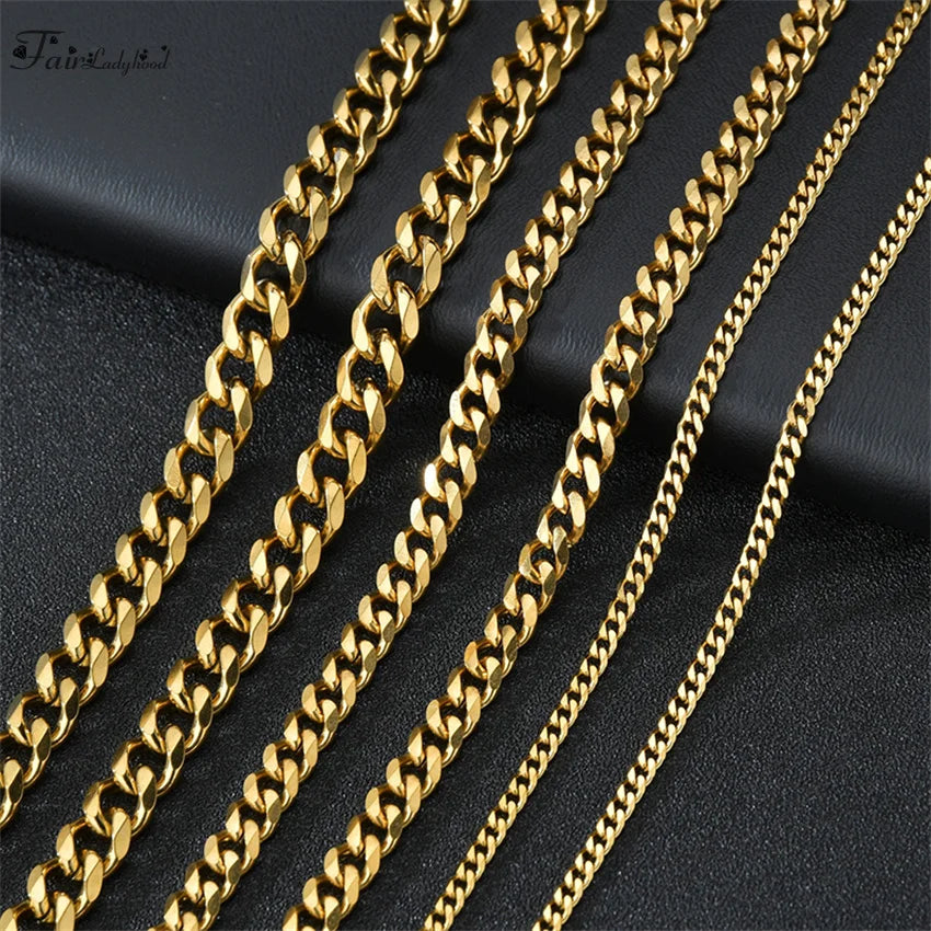 1 piece Size 3.6mm-9mm Men's Necklace Stainless Steel Cuban Link Chain Bracelet Necklace Steel Color Male Jewelry