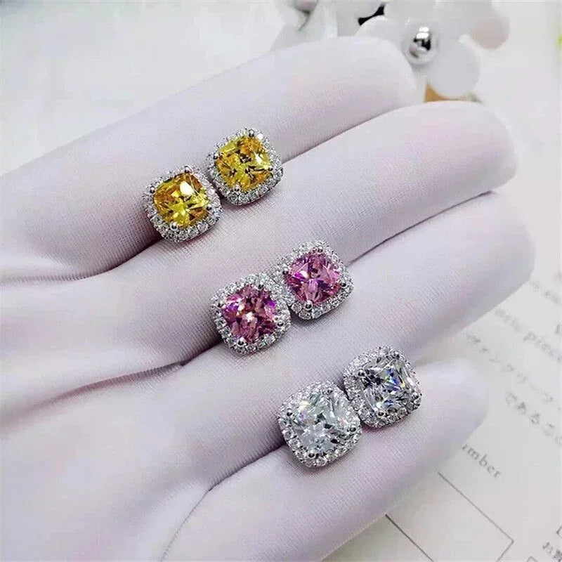 Huitan Classic Cushion Shape Stud Earrings with Brilliant Cubic Zirconia Stone Wedding Engagement Party Luxury Jewelry for Women