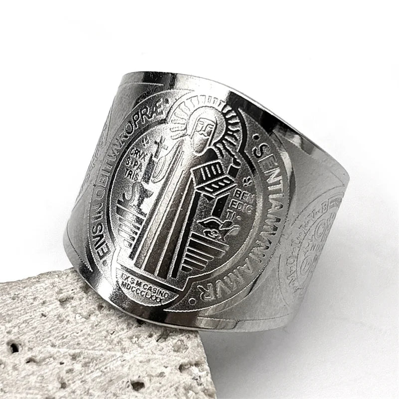 Catholic Saint Benedict Medallion Adjustable Rings for Women Men Stainless Steel Open Finger Ring Amulet Jewelry San Benito