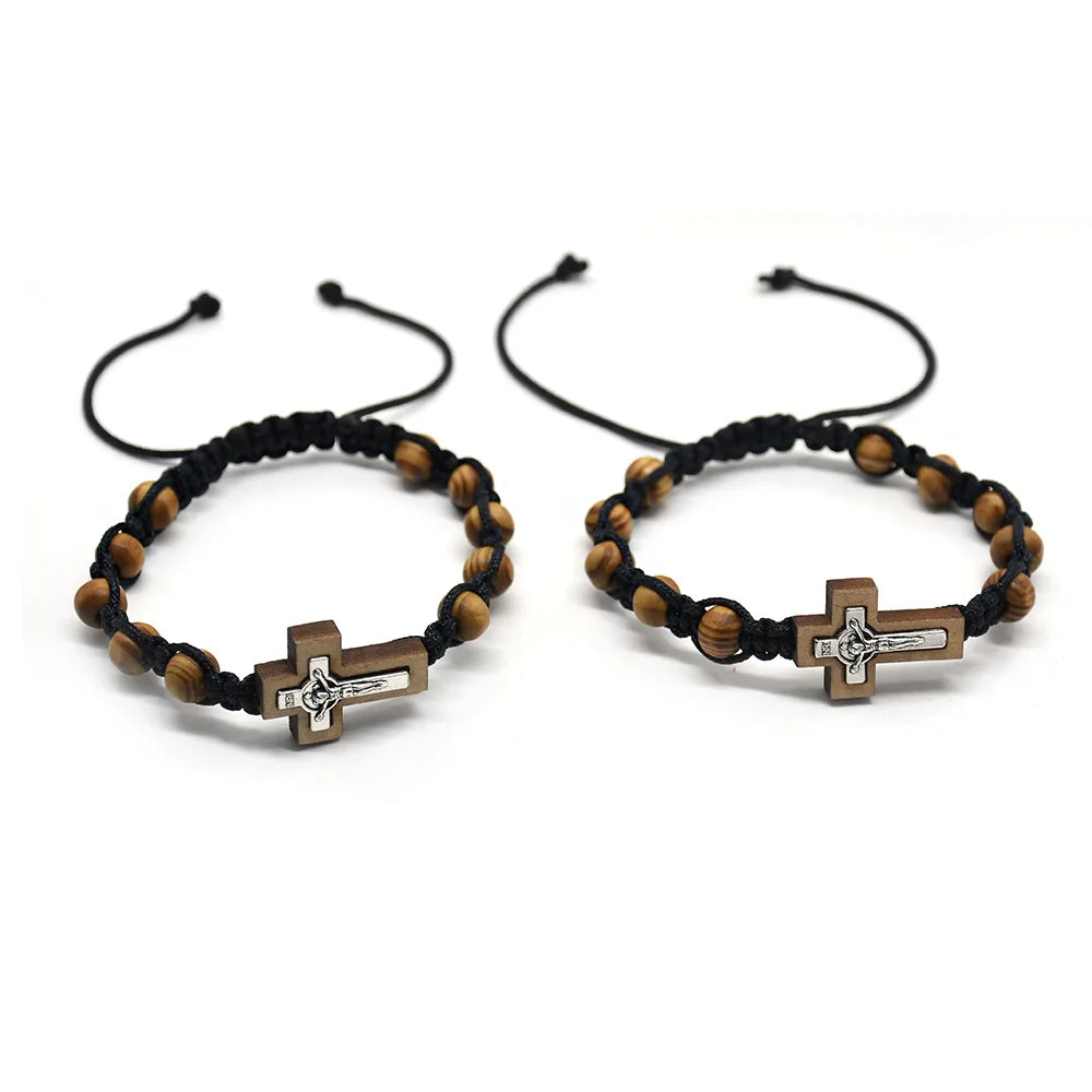 Religious Catholic Cross Bracelet Wooden Beads Wrap Braided Jesus Prayer Bracelets Handmade Jewelry Gift