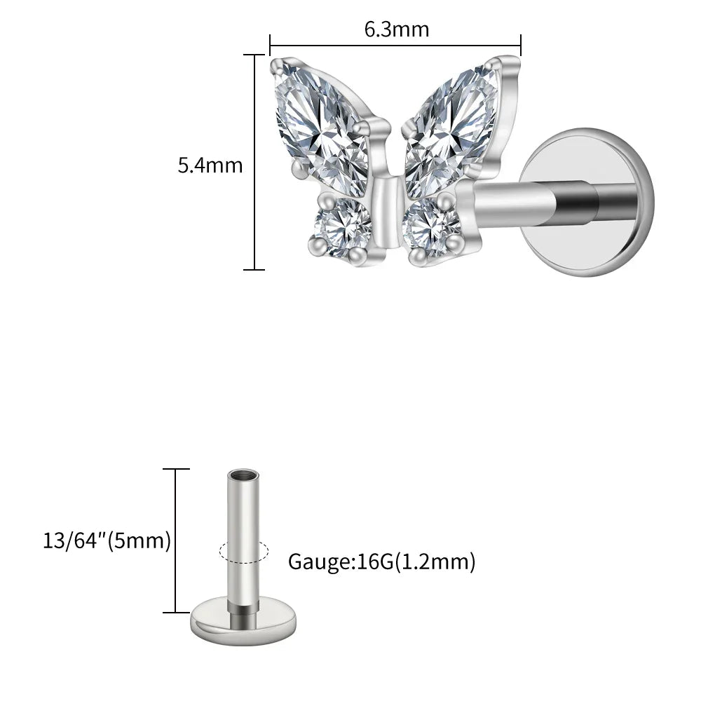Right Grand ASTM F136 Titanium 16G Mini Butterfly CZ Labret Tragus Cartilage Conch Forward Helix Stud Nose Piercing Body Jewelry