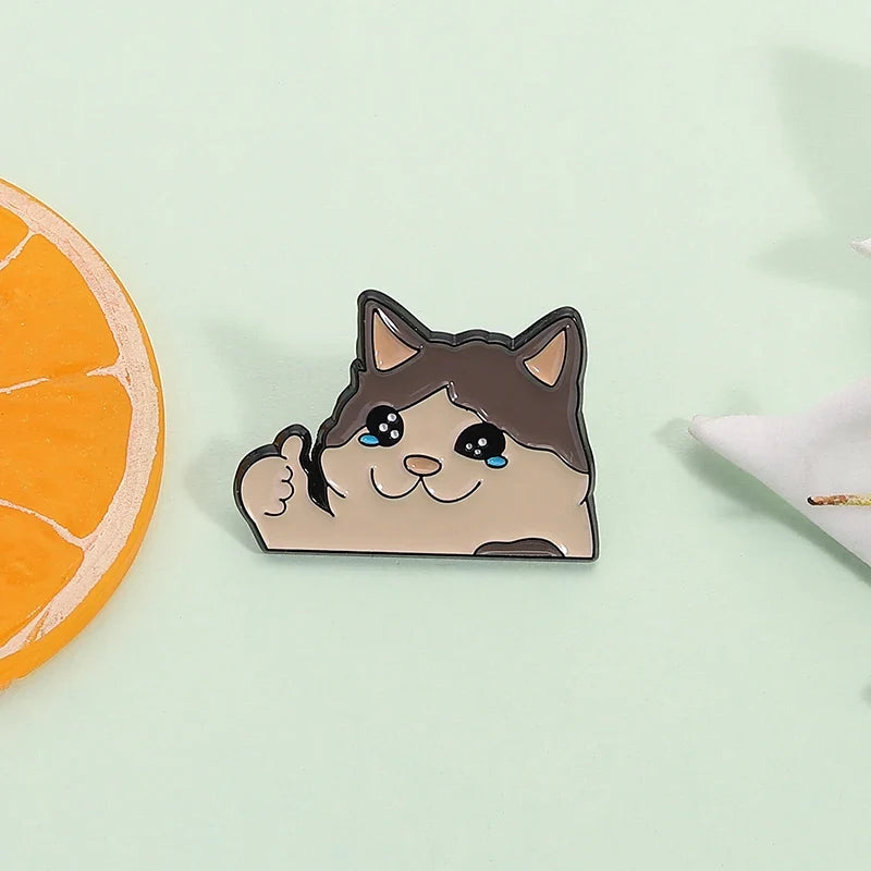 Thumb Up Crying Cat Enamel Pin Kawaii Humorous Animal Brooch Lapel Backpack Badge Funny Jewelry Gifts For Cat Lovers Friends