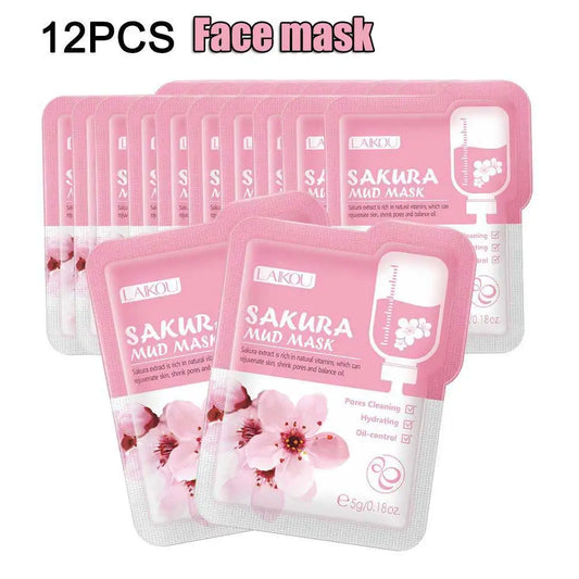 12pcs Sakura Mud Mask Brightening Hydrating Face Mask Luminous Skin Clean Facial Cleansing Clay Hydrating Anti Wrinkle Skincare