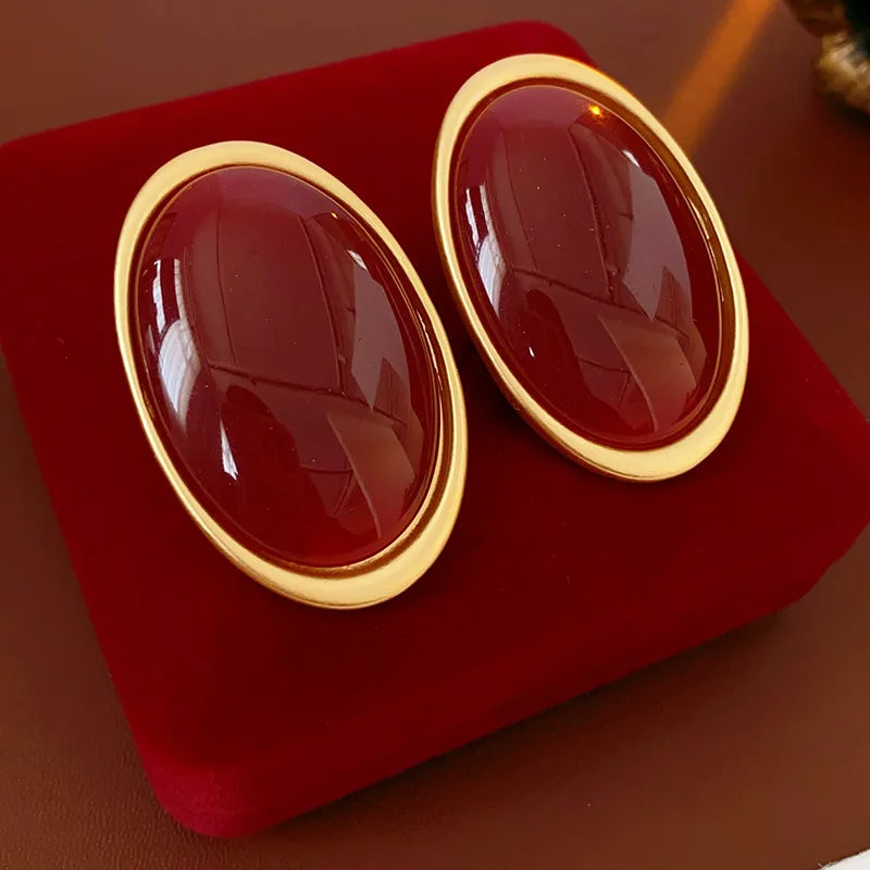 Anchor Red Geometric Oval Stud Earrings for Women Personality Versatile Resin Earrings Simple Fashion Jewelry Wholesale Gifts N1