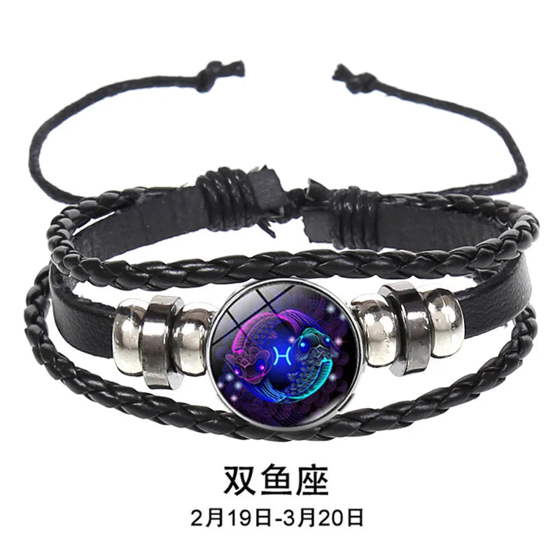12 Constellation Zodiac Sign Charm Luminous Bracelets Men Women Vintage Multilayer Wrap Leather Chain Bangle Birthday Jewelry