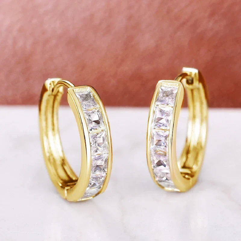 Huitan Hoop Earrings with Princess Cubic Zirconia Exquisite Ear Circle Earrings for Women Silver Color Fashion Versatile Jewelry