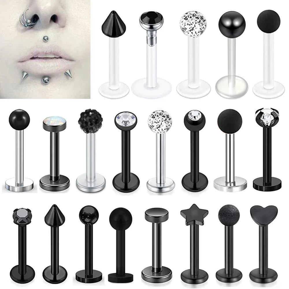 WKOUD 16G Stainless Steel Lip Labret Piercing Crystal Ball Monroe Lip Stud Helix Tragus Conch Piercing Cartilage Earrings Black