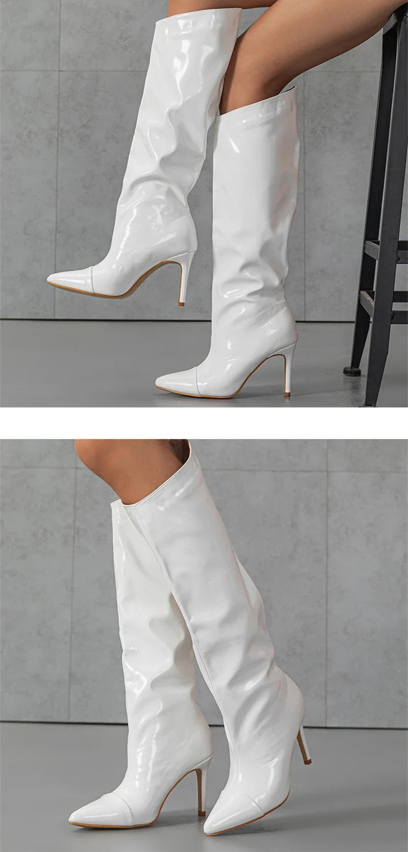 Liyke Fashion Runway Pleated Patent Leather Boots Female Pointed Toe Stiletto Heels Pumps Autumn Winter Knee High Shoes Women