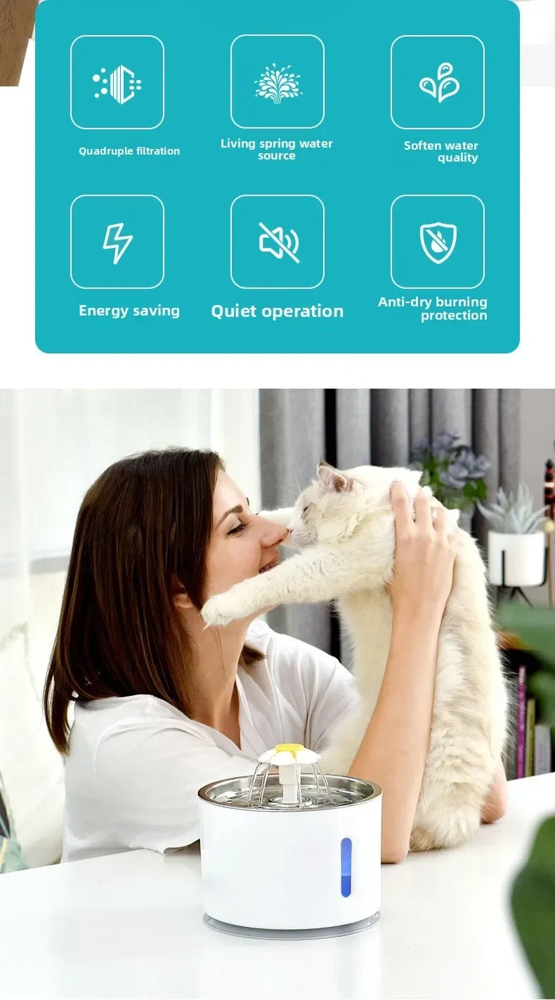 Pet Water Fountain Quiet Pump Visible Water Level 4-Layer Filter Flower Nozzle Cat Dispenser Drinking Bowl Cats Small Dogs Home