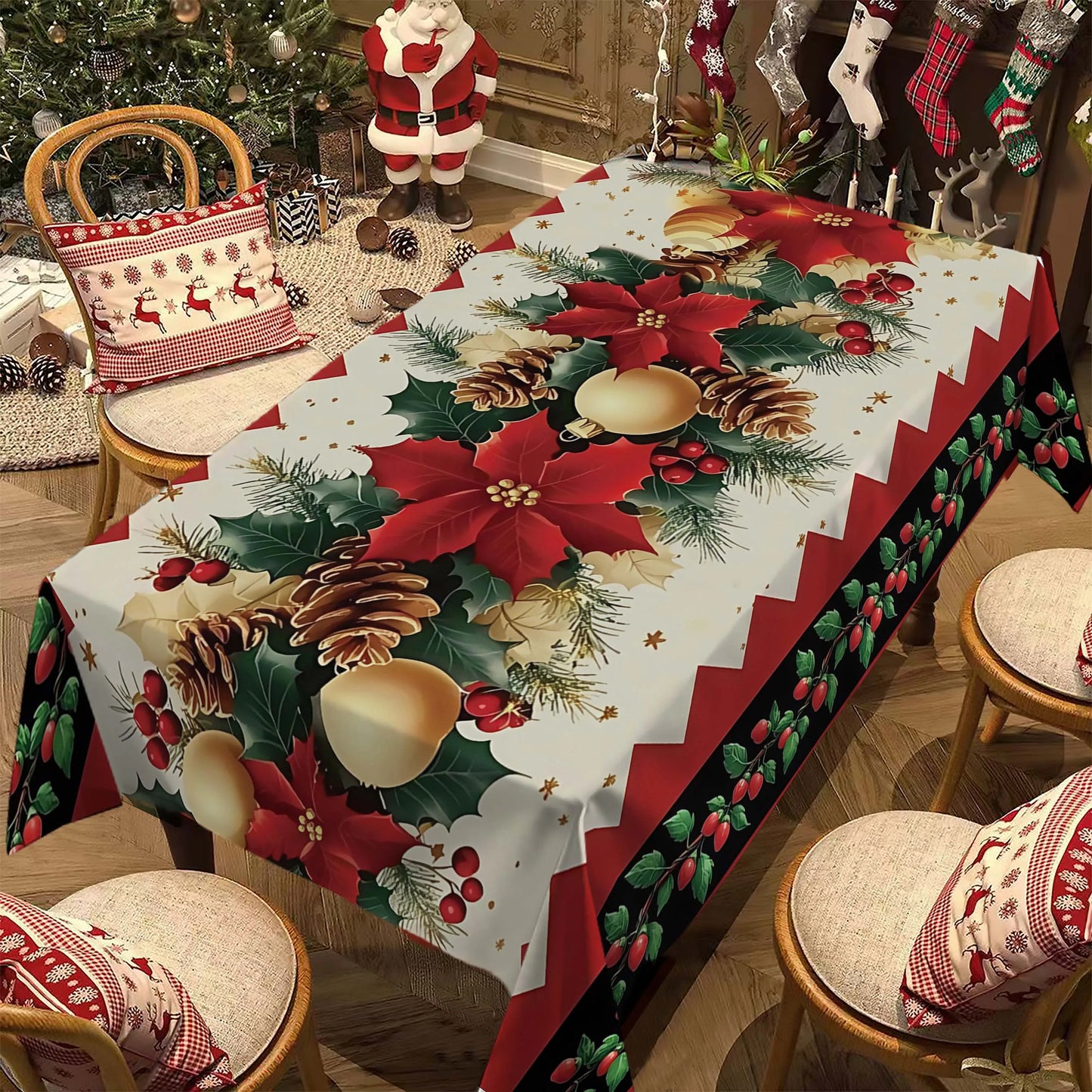Christmas Rectangle Tablecloth, Poinsettia Design Tablecloth For New Year Party And Dinner Christmas Table Decor Tablecloth