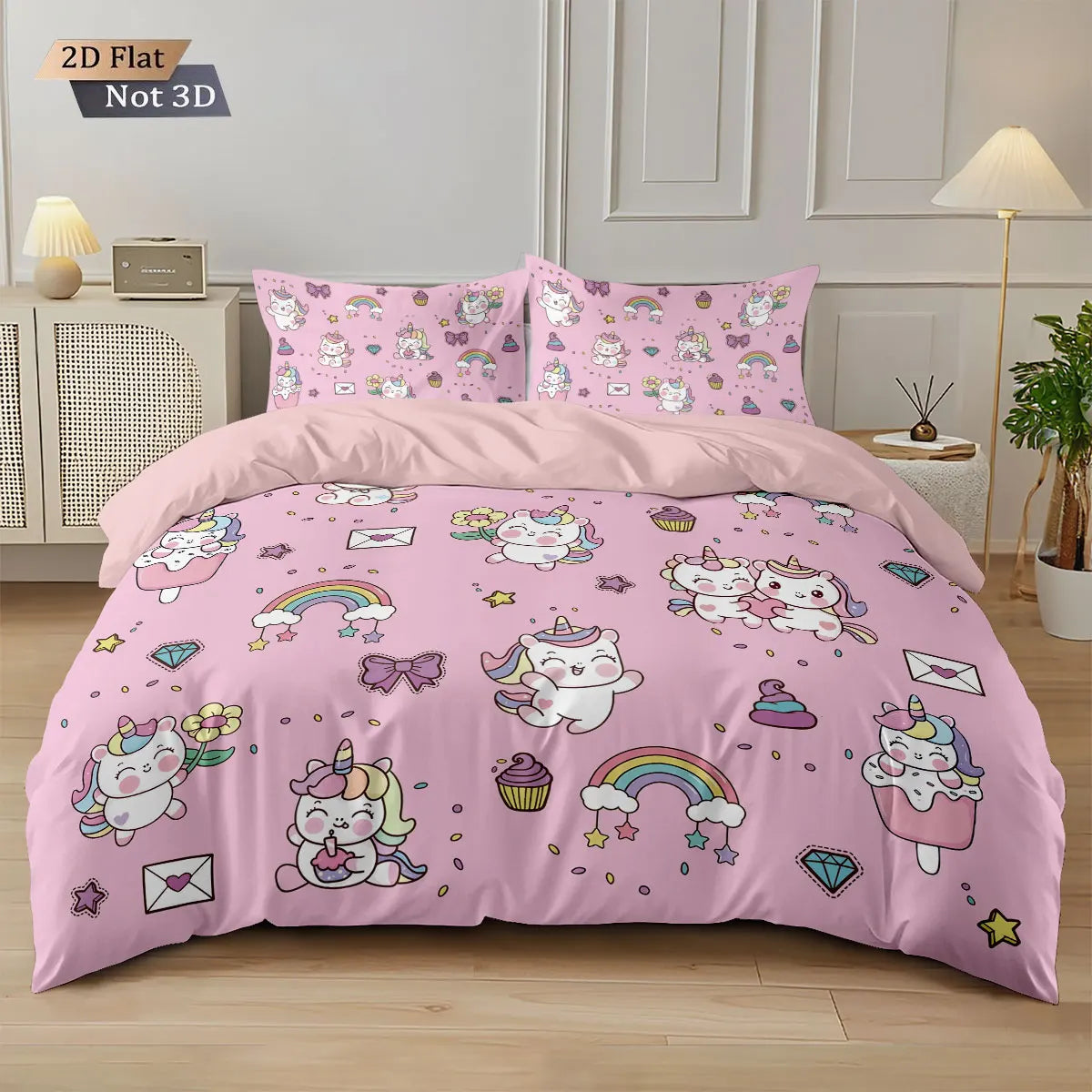 3pcs Cartoon Cute Unicorn Printed Coreless Down Duvet Cover Set, Multi Size Bedroom Bedding Decoration, Machine Washable