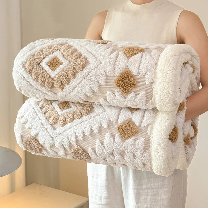 Geometric Patterned Jacquard Fleece Blanket Double Layer Thick Warm Taffeta Sofa Throw Blanket Spring Autumn Plush Bed Blanket
