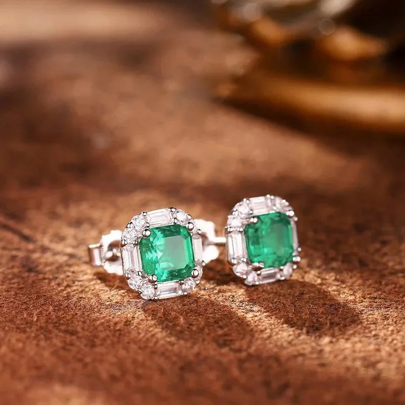 European and American Square Green Zircon Earrings, French Romantic Women's Inlaid Zircon Banquet Design, Shiny Jewelry