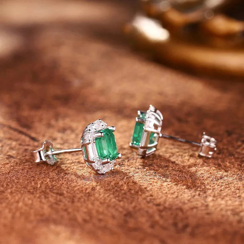 European and American Square Green Zircon Earrings, French Romantic Women's Inlaid Zircon Banquet Design, Shiny Jewelry