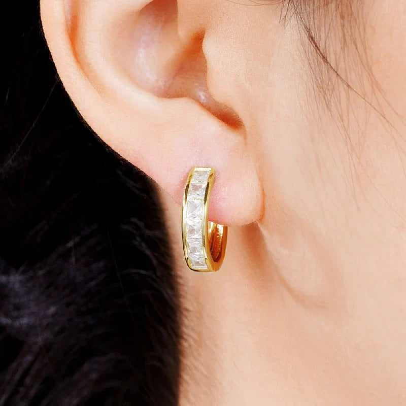 Huitan Hoop Earrings with Princess Cubic Zirconia Exquisite Ear Circle Earrings for Women Silver Color Fashion Versatile Jewelry