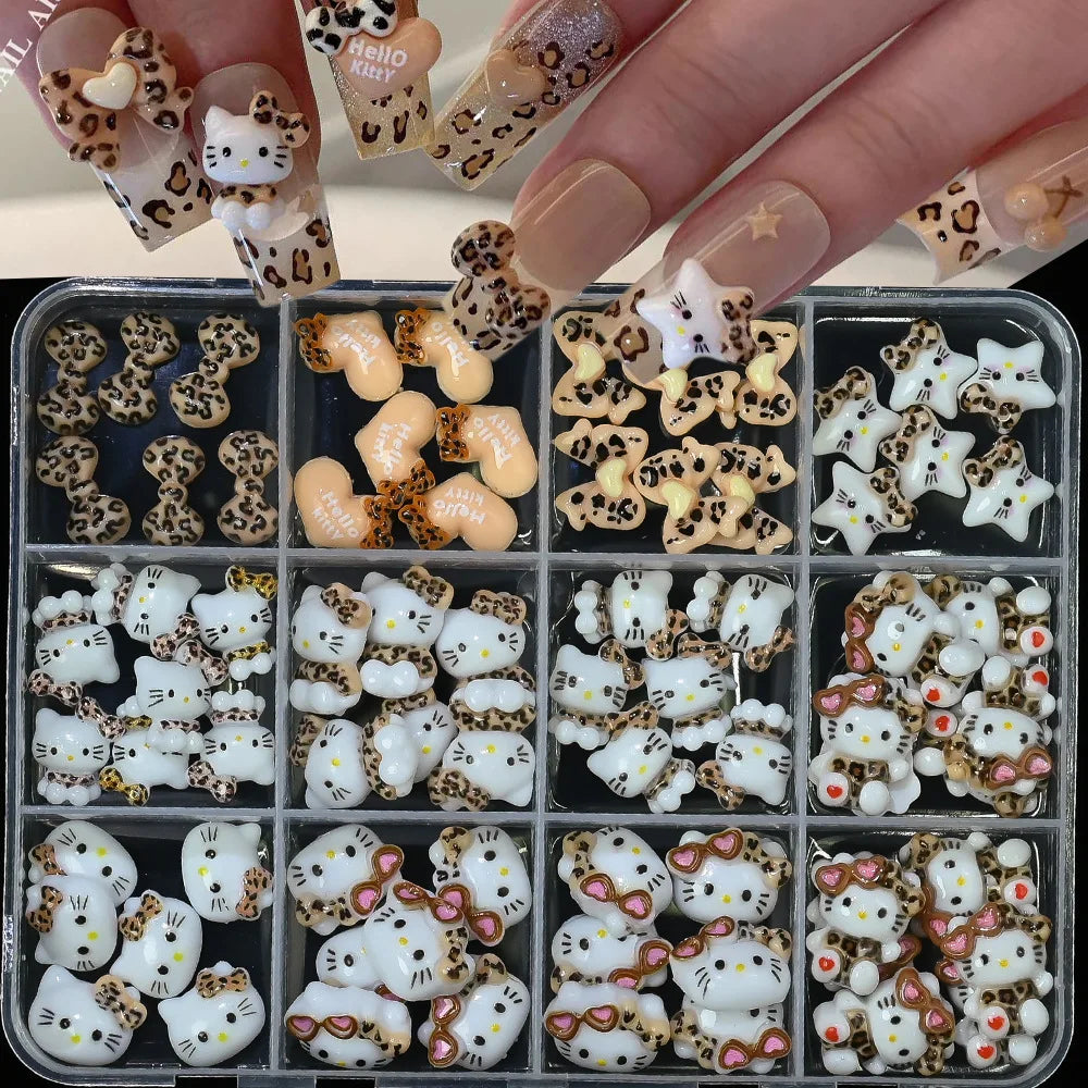 120PCS Box Mixed Hello Kitty 3D Nail Charms Cute Cartoon Resin Ornaments Kawaii DIY Nail Art Manicure Decor Accessories